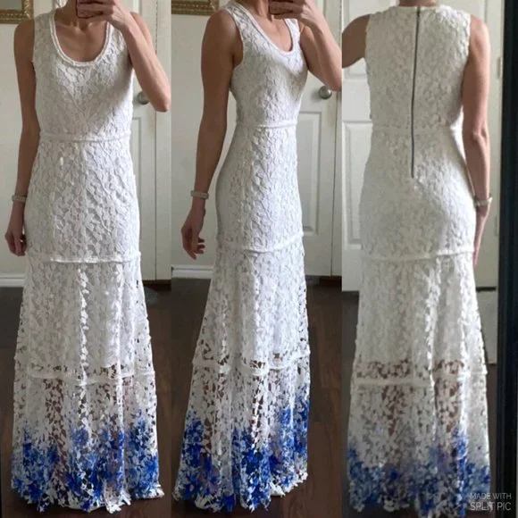 Elie Tahari white royal blue lace crochet floral sleeveless casual maxi dress - Picture 1 of 9